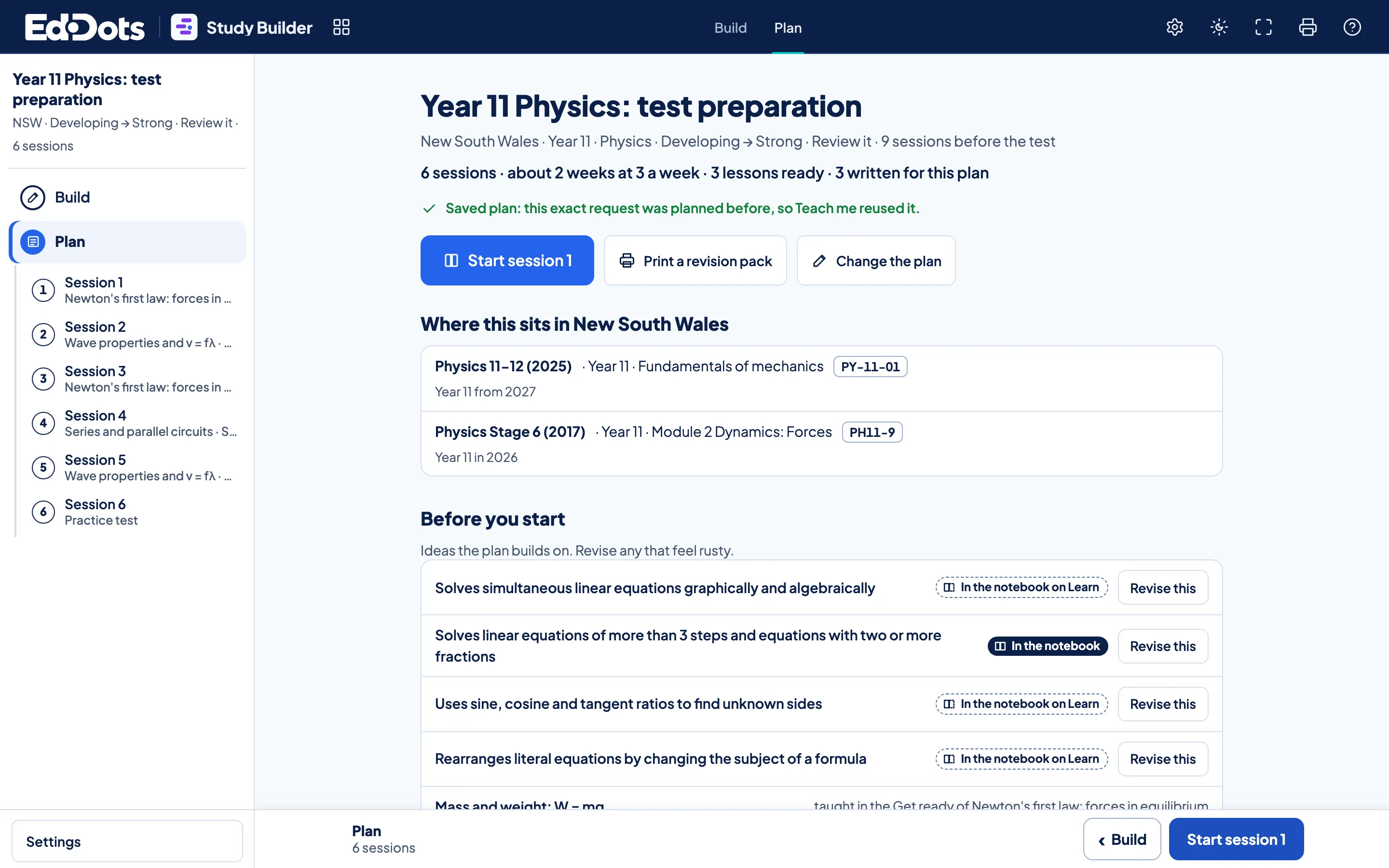 A Study Builder plan for Year 11 Physics test preparation: six sessions, from Developing to Strong.