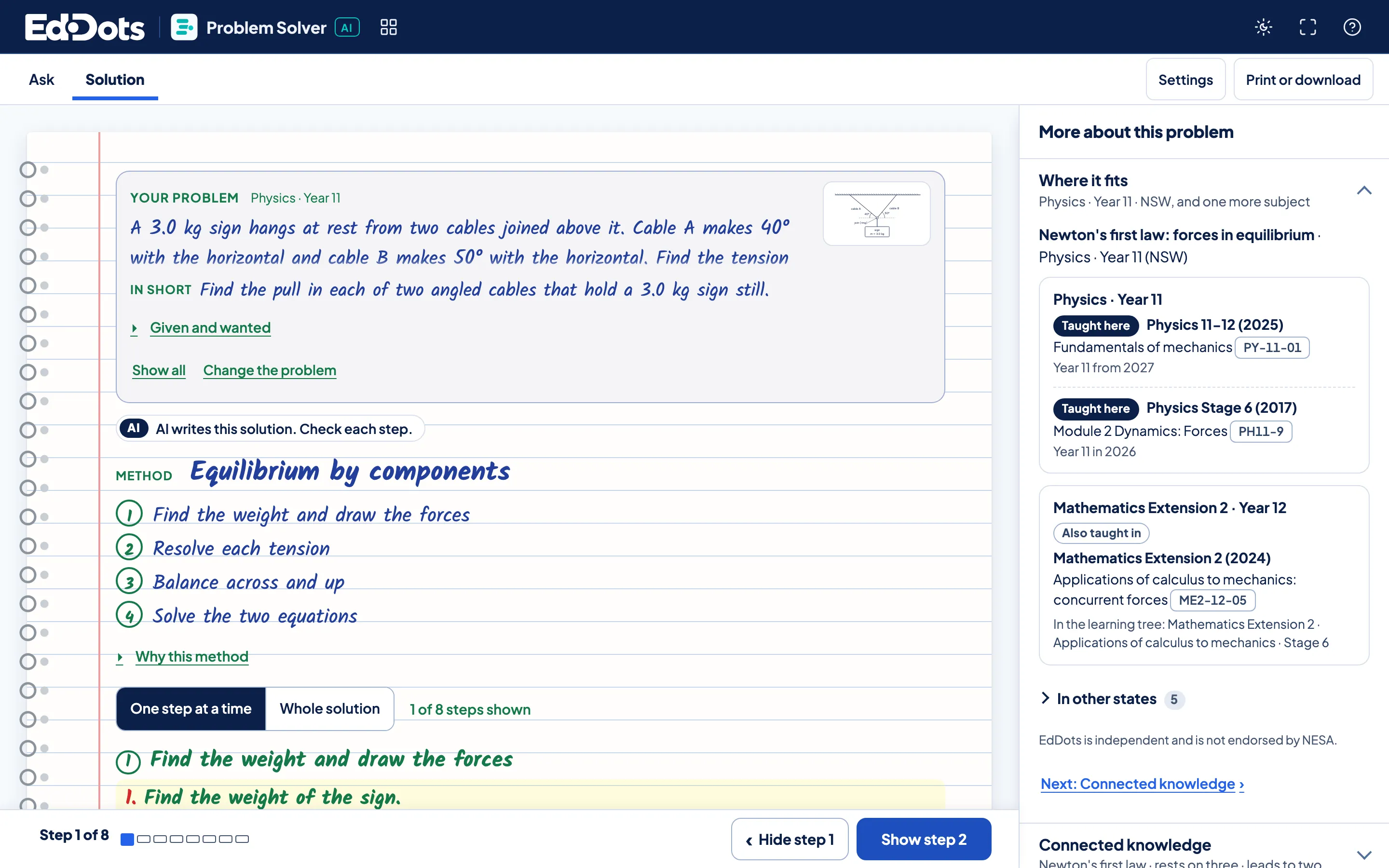 The Problem Solver’s Solution screen: the problem, its method in four steps and step 1 shown, with “Where it fits” in the side panel.