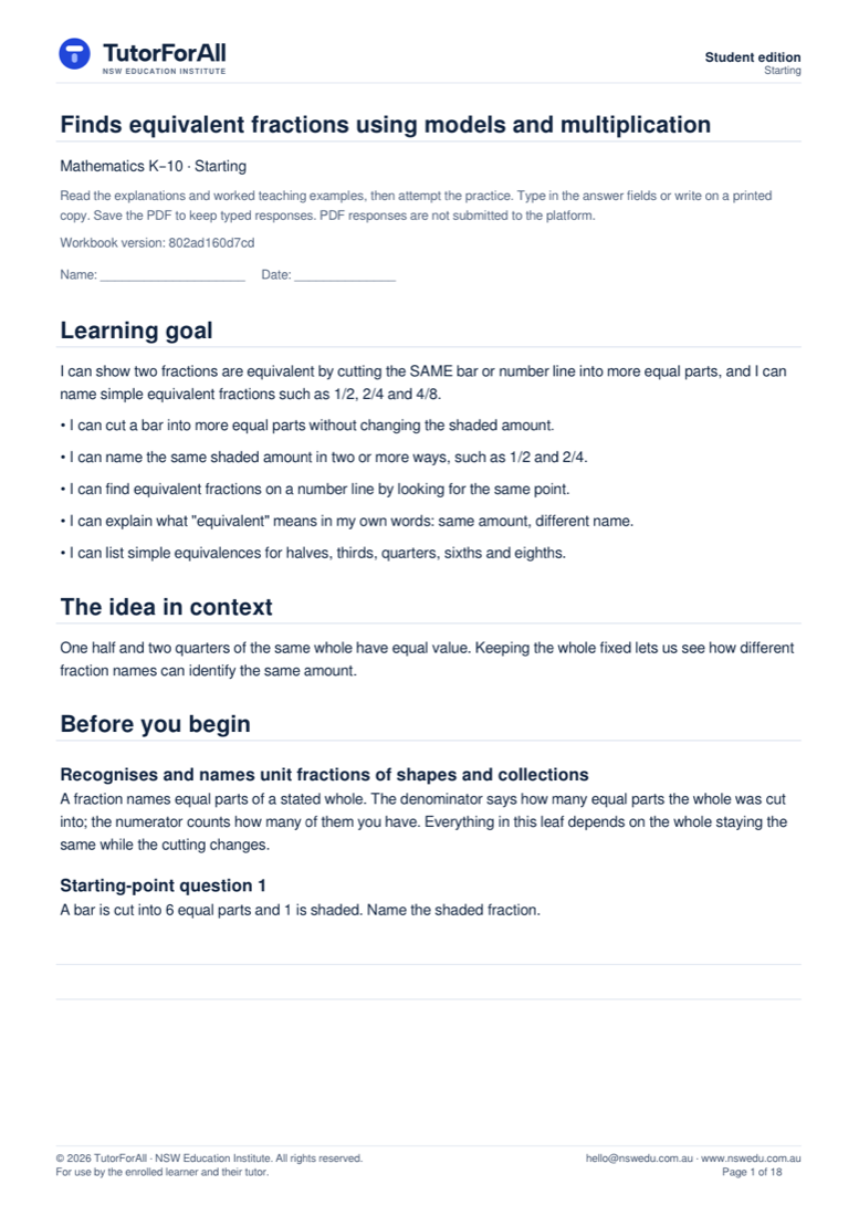 Page 1 of the printable workbook for Finds equivalent fractions using models and multiplication
